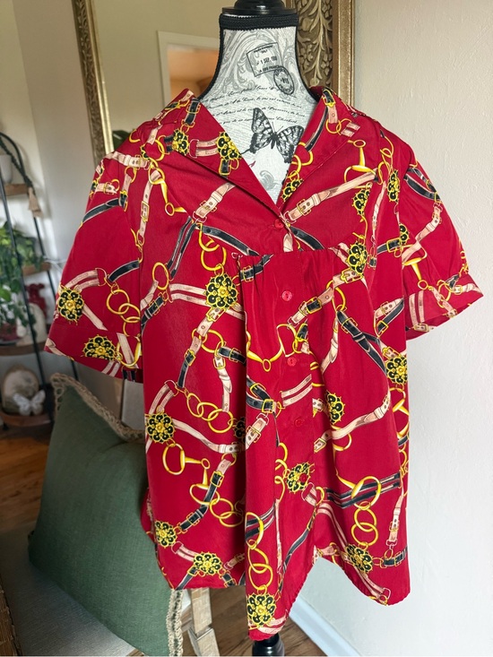 Roaman's Tops - Vintage Roaman's 18W Equestrian Chain Belt Print Shirt Blouse Red 80s 90s Plus